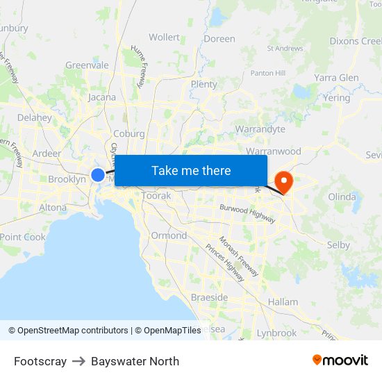 Footscray to Bayswater North map