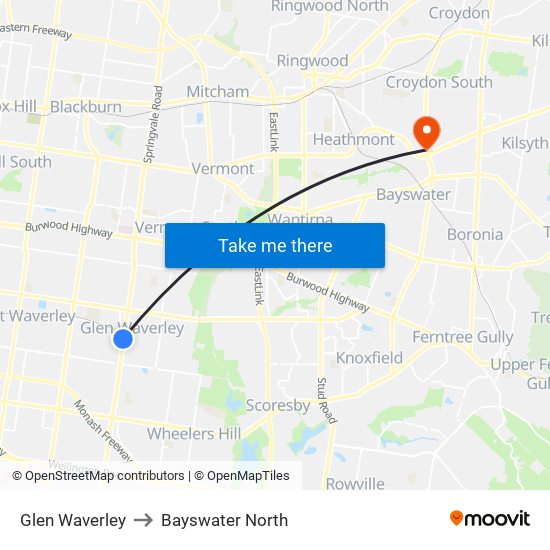 Glen Waverley to Bayswater North map