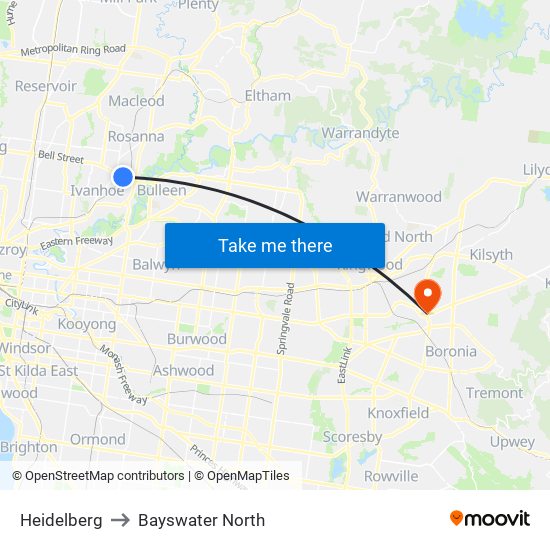 Heidelberg to Bayswater North map