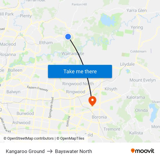 Kangaroo Ground to Bayswater North map