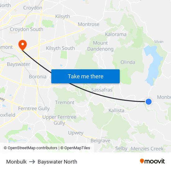 Monbulk to Bayswater North map