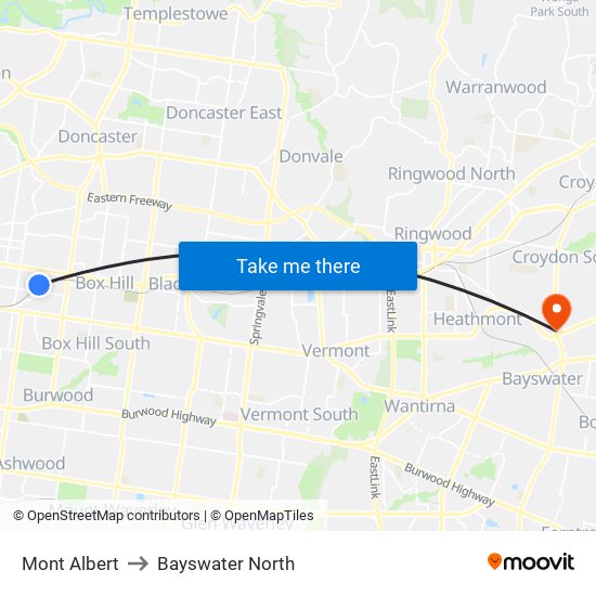 Mont Albert to Bayswater North map