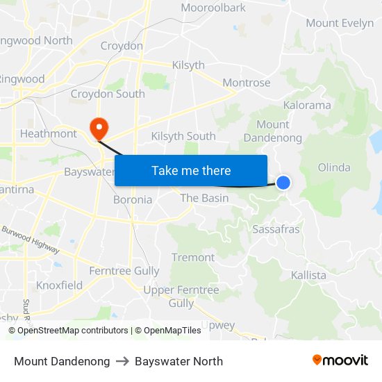 Mount Dandenong to Bayswater North map