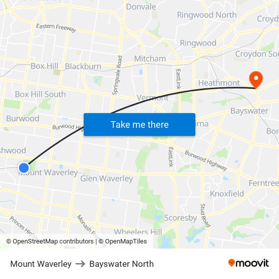 Mount Waverley to Bayswater North map