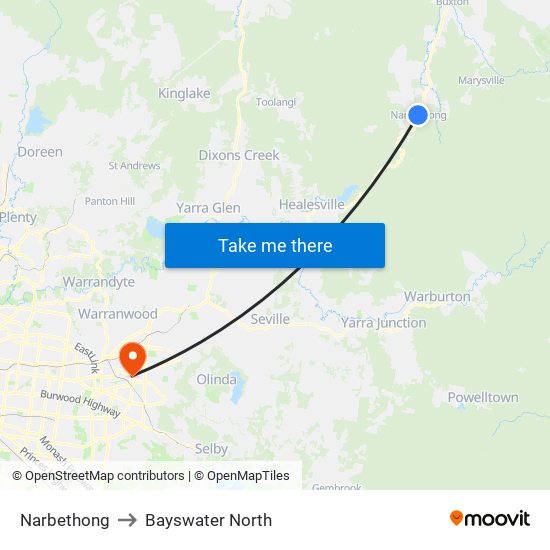 Narbethong to Bayswater North map