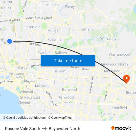 Pascoe Vale South to Bayswater North map