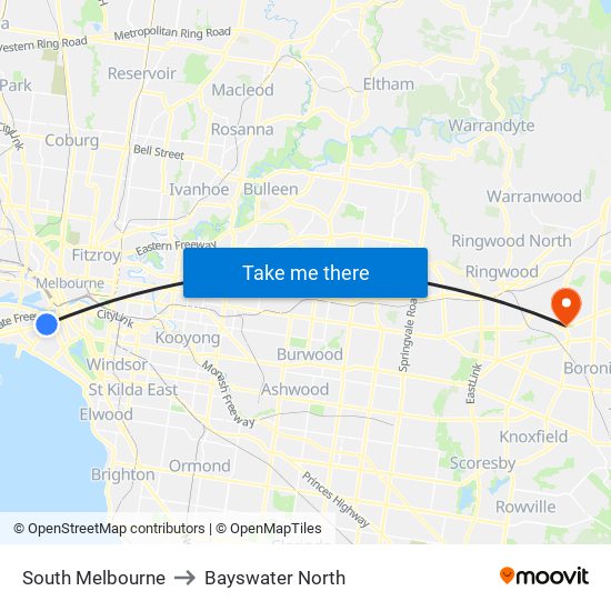 South Melbourne to Bayswater North map