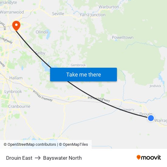 Drouin East to Bayswater North map