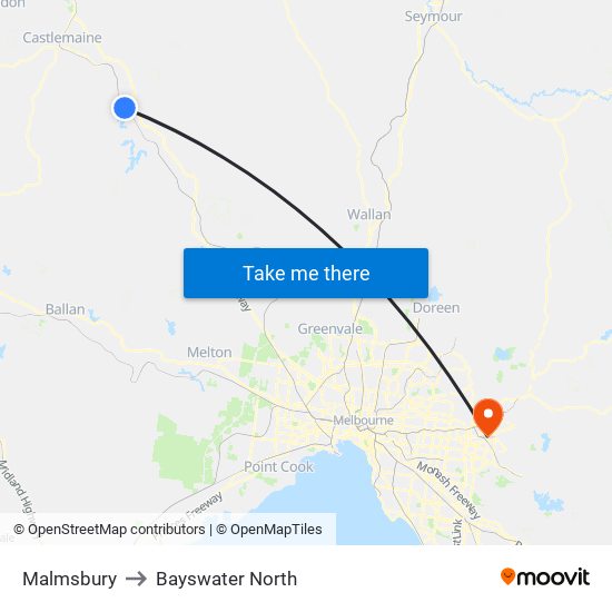 Malmsbury to Bayswater North map