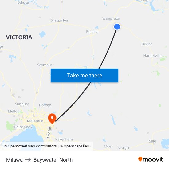 Milawa to Bayswater North map