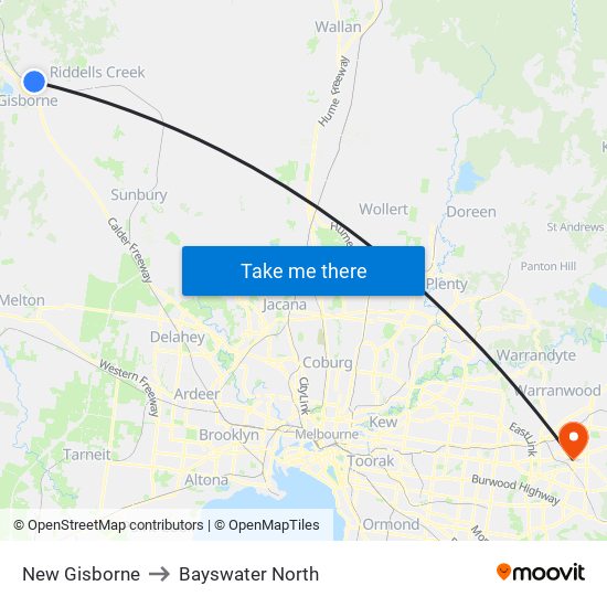 New Gisborne to Bayswater North map