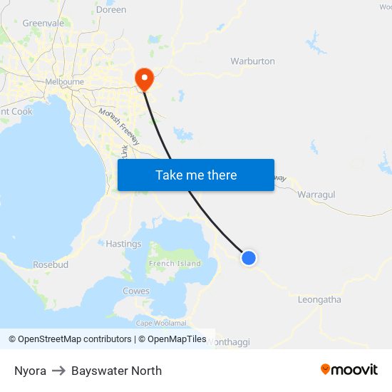 Nyora to Bayswater North map