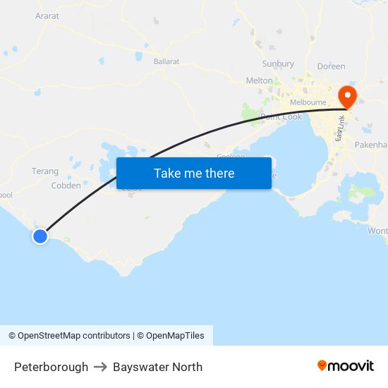 Peterborough to Bayswater North map