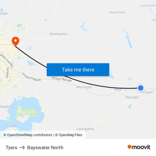 Tyers to Bayswater North map