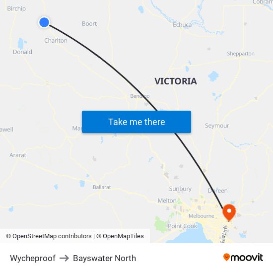Wycheproof to Bayswater North map
