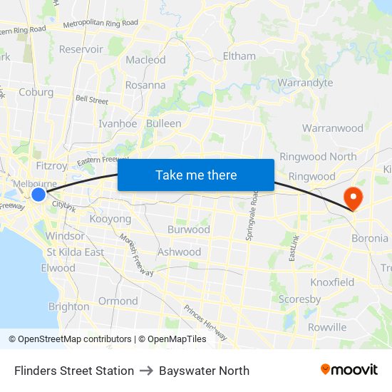 Flinders Street Station to Bayswater North map
