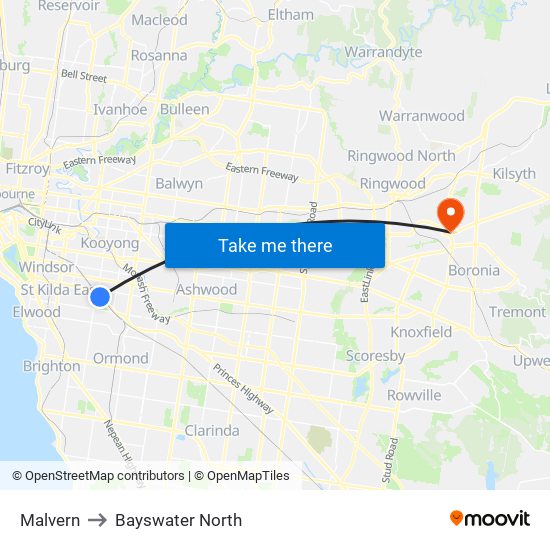 Malvern to Bayswater North map