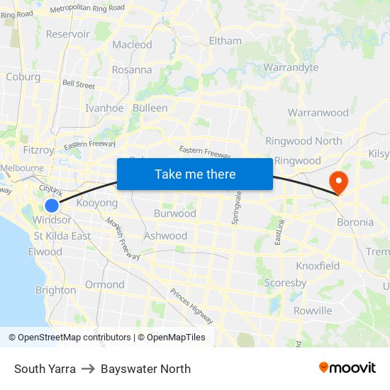 South Yarra to Bayswater North map