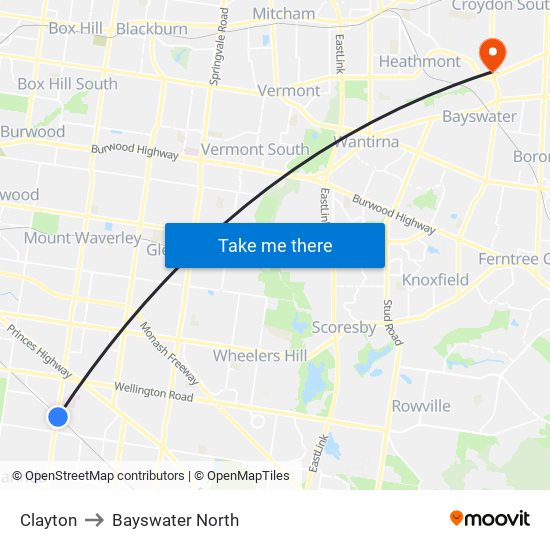 Clayton to Bayswater North map