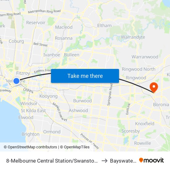 8-Melbourne Central Station/Swanston St (Melbourne City) to Bayswater North map