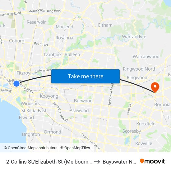 2-Collins St/Elizabeth St (Melbourne City) to Bayswater North map