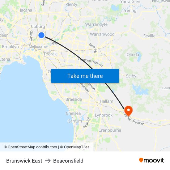 Brunswick East to Beaconsfield map