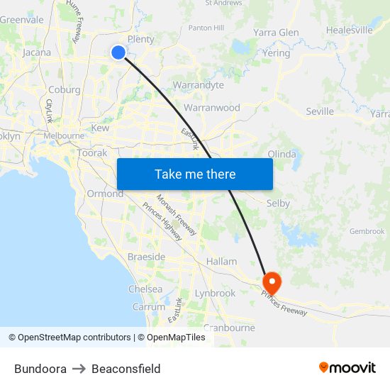 Bundoora to Beaconsfield map