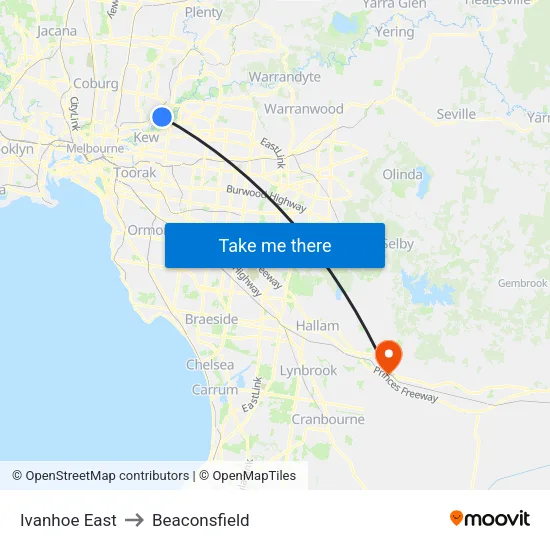 Ivanhoe East to Beaconsfield map