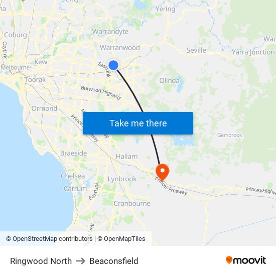 Ringwood North to Beaconsfield map