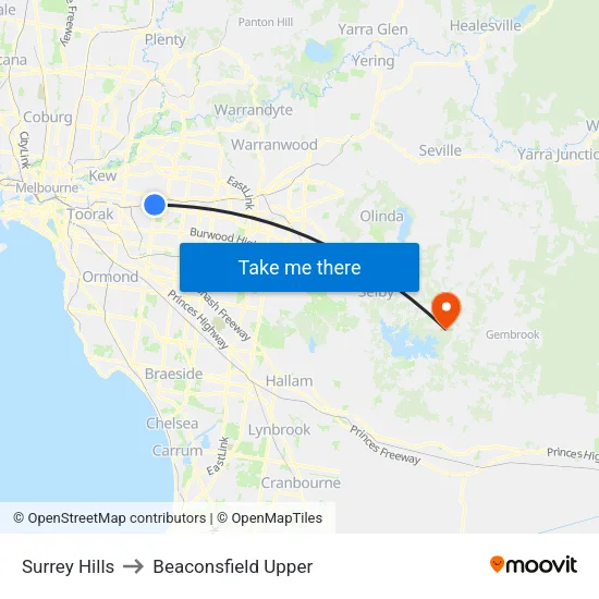 Surrey Hills to Beaconsfield Upper map