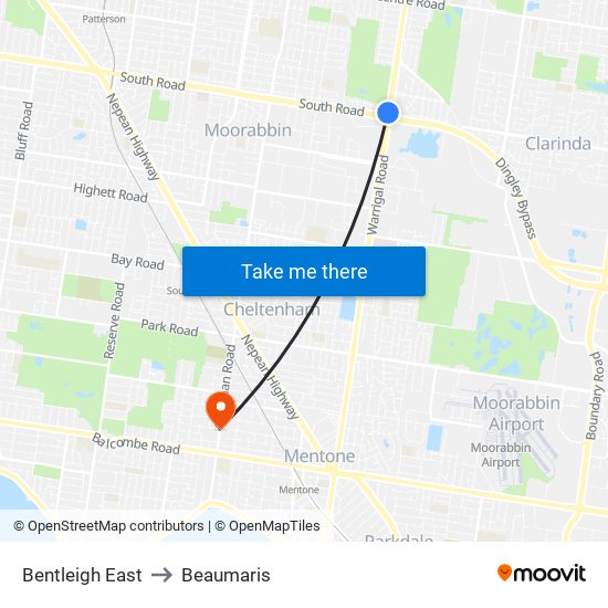 Bentleigh East to Beaumaris map