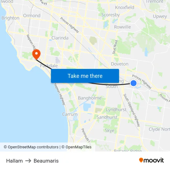 Hallam to Beaumaris map