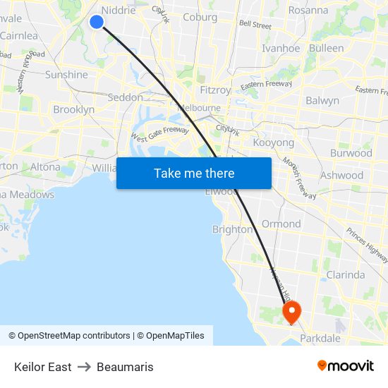 Keilor East to Beaumaris map