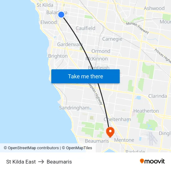 St Kilda East to Beaumaris map