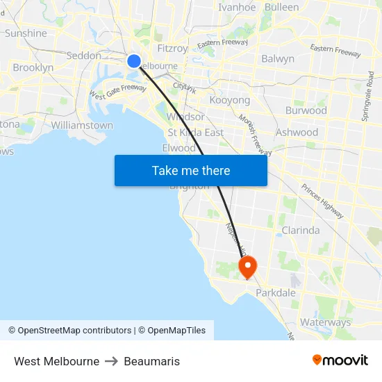 West Melbourne to Beaumaris map
