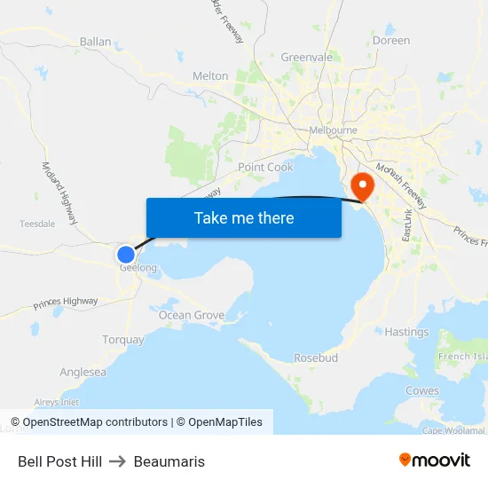 Bell Post Hill to Beaumaris map