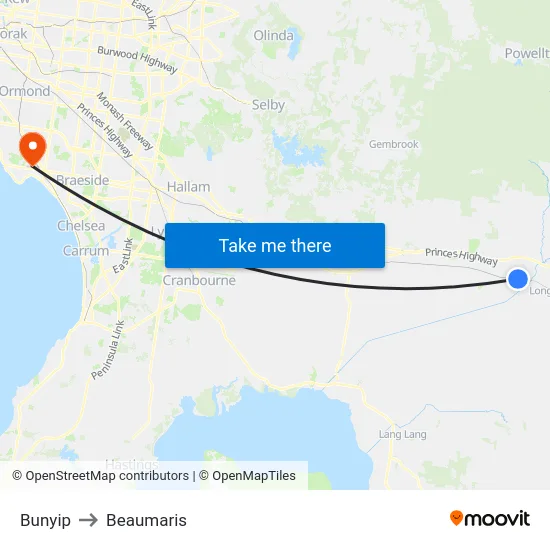Bunyip to Beaumaris map