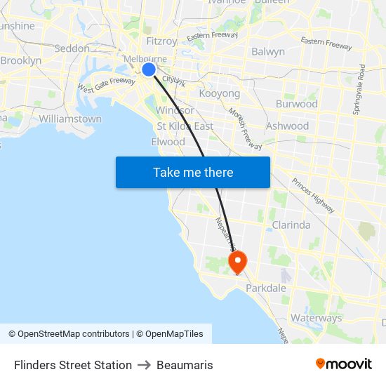 Flinders Street Station to Beaumaris map