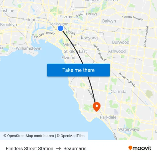 Flinders Street Station to Beaumaris map
