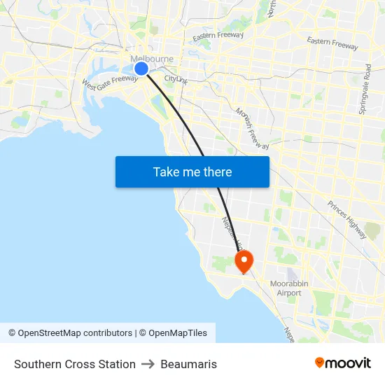 Southern Cross Station to Beaumaris map