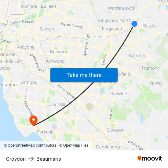 Croydon to Beaumaris map