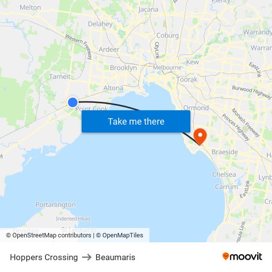 Hoppers Crossing to Beaumaris map