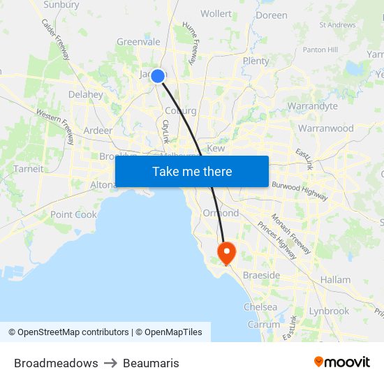 Broadmeadows to Beaumaris map