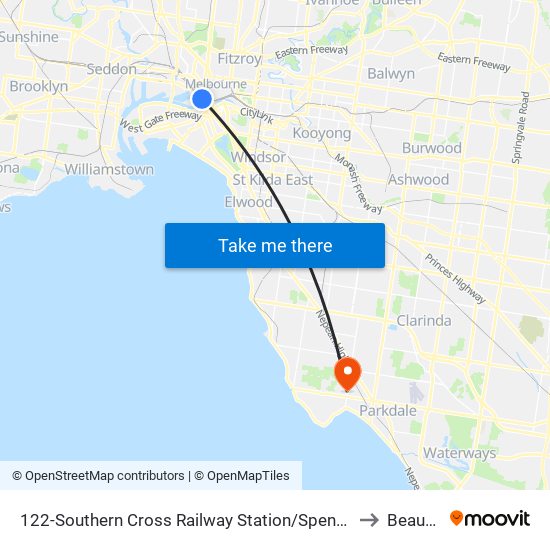 122-Southern Cross Railway Station/Spencer St (Melbourne City) to Beaumaris map