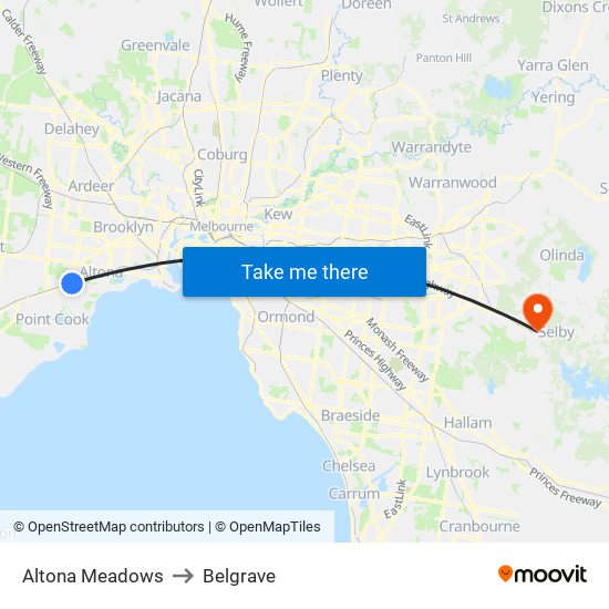 Altona Meadows to Belgrave map