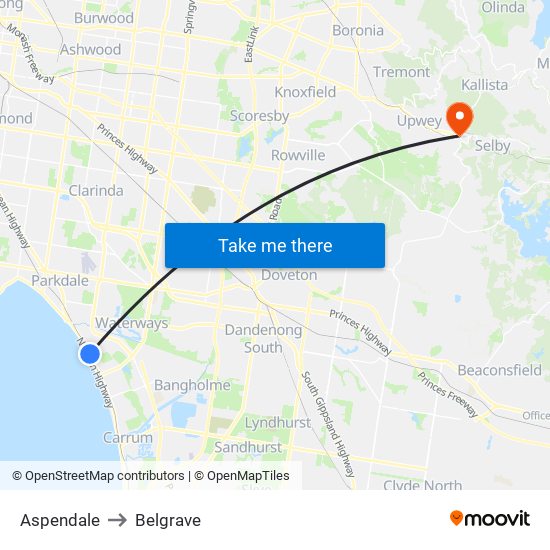 Aspendale to Belgrave map