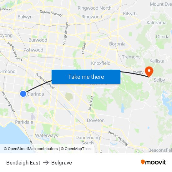 Bentleigh East to Belgrave map