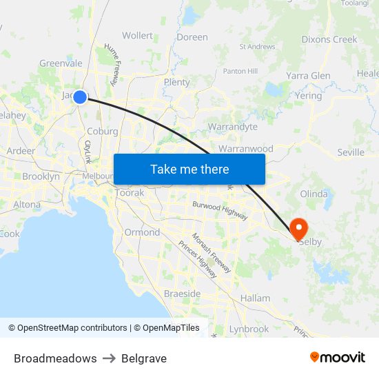 Broadmeadows to Belgrave map