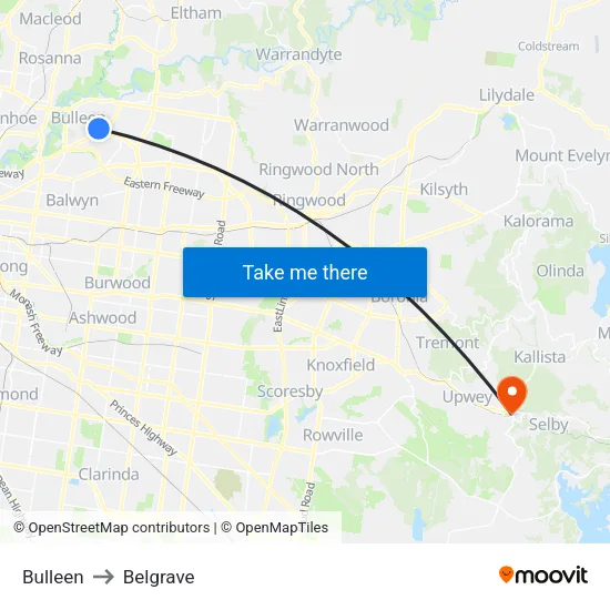 Bulleen to Belgrave map