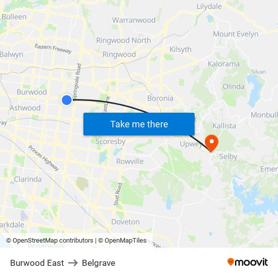 Burwood East to Belgrave map